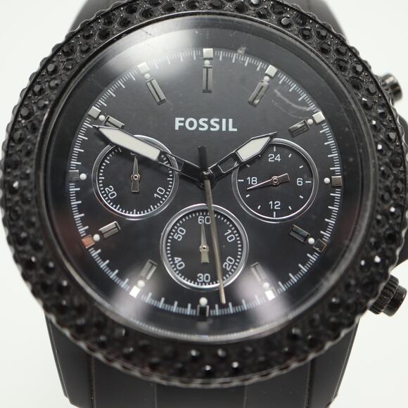 Fossil Black Acrylic 42mm Unisex Chronograph Watch Gem Set CH2672 w New Battery - Picture 6 of 14